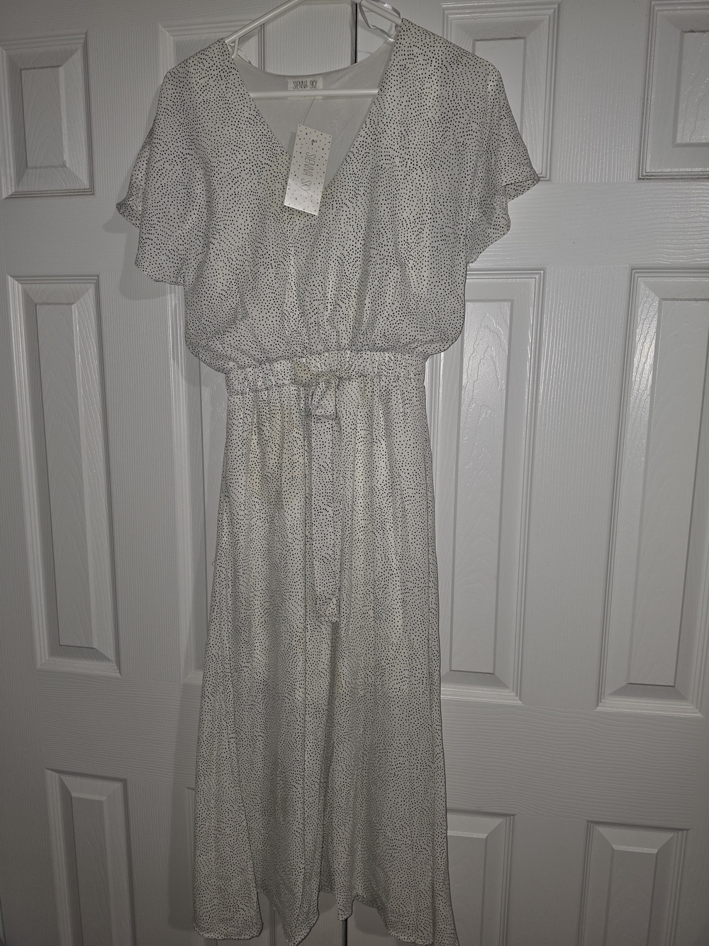 Sienna Sky White Dress with Black Dot Print and Tie Waist